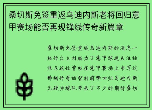 桑切斯免签重返乌迪内斯老将回归意甲赛场能否再现锋线传奇新篇章